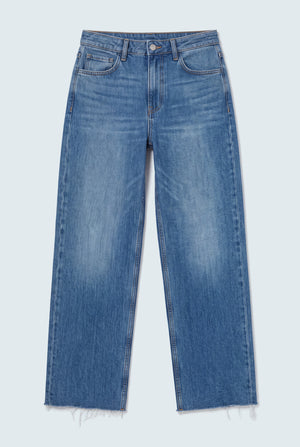 Mid Blue Mid Rise Raw Hem Straight Fit Jeans - Hustle N Holla