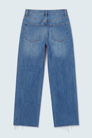 Mid Blue Mid Rise Raw Hem Straight Fit Jeans - Hustle N Holla