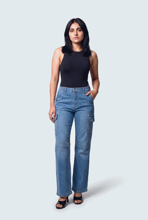 Mid Blue Mid Rise Wide Leg Cargo Jeans - Hustle N Holla