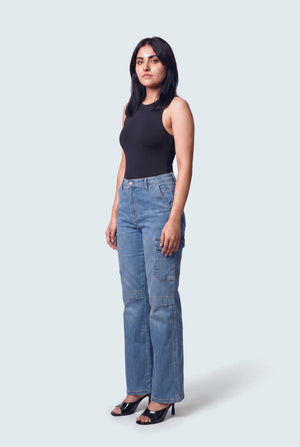 Mid Blue Mid Rise Wide Leg Cargo Jeans - Hustle N Holla