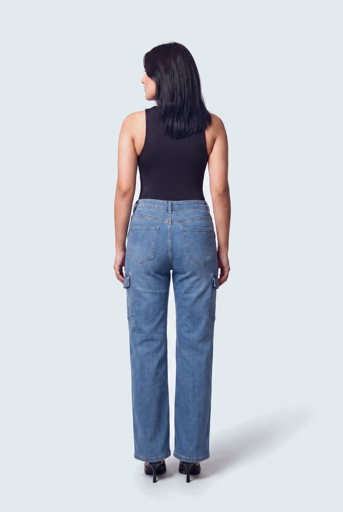 Mid Blue Mid Rise Wide Leg Cargo Jeans - Hustle N Holla