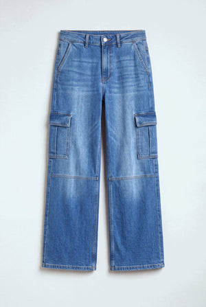 Mid Blue Mid Rise Wide Leg Cargo Jeans - Hustle N Holla