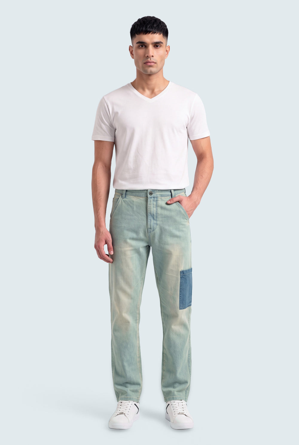 Mid Blue Regular Fit Denim Trousers - Front View - Hustle N Holla