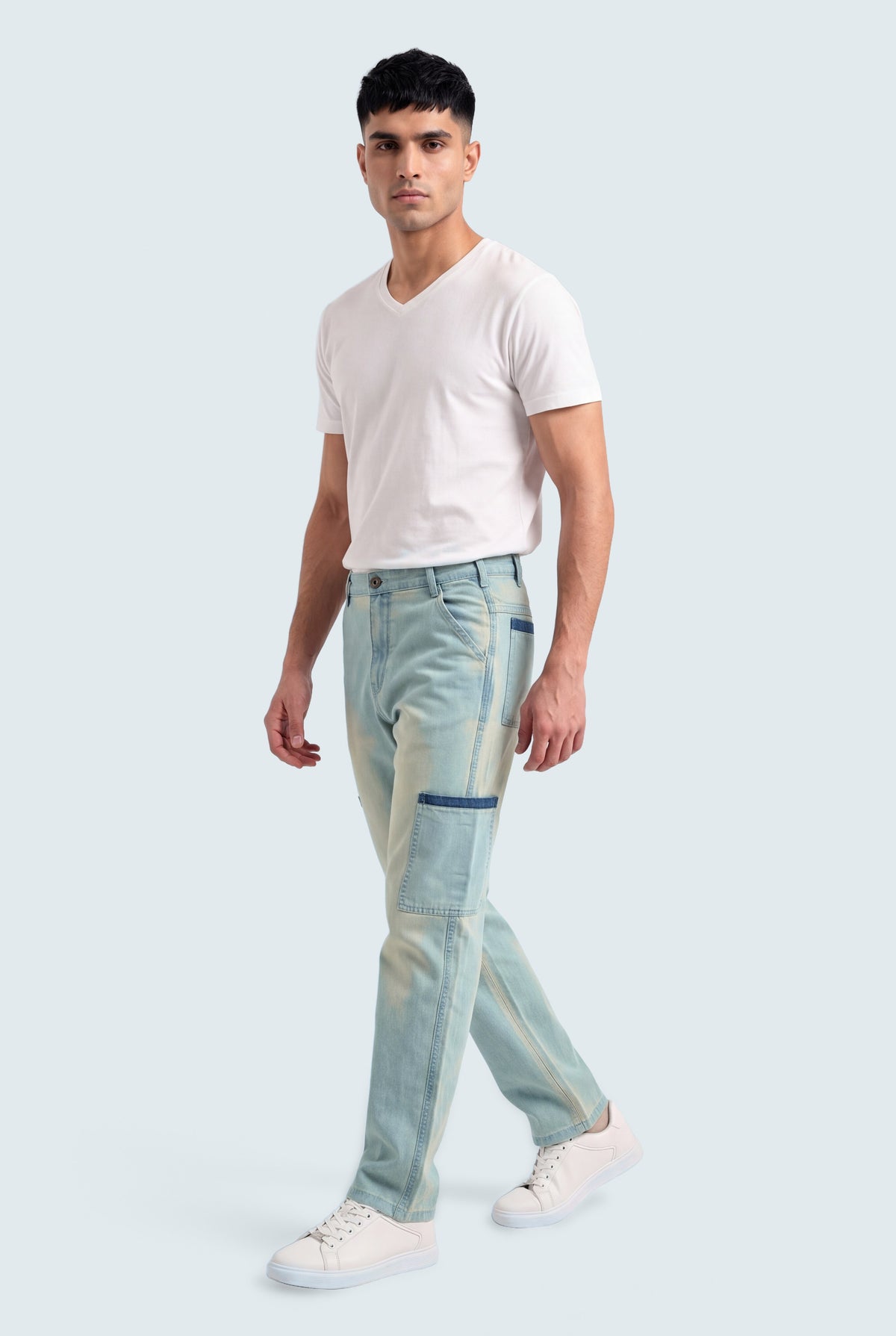 Mid Blue Regular Fit Denim Trousers - Front View - Hustle N Holla