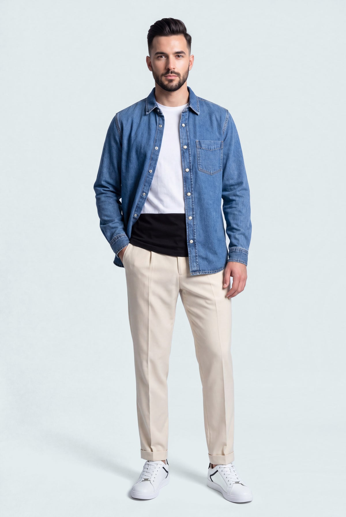 Mid Blue Relaxed Fit Denim Shirt - Front View - Hustle N Holla