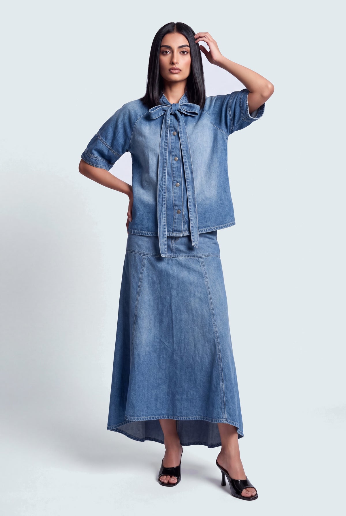 Mid Blue Relaxed Fit Puffy Sleeves Denim Top - Hustle N Holla