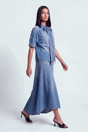 Mid Blue Relaxed Fit Puffy Sleeves Denim Top - Hustle N Holla