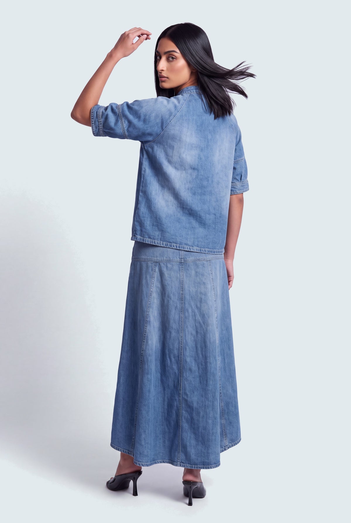 Mid Blue Relaxed Fit Puffy Sleeves Denim Top - Hustle N Holla