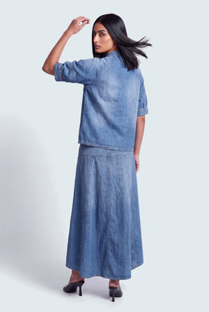 Mid Blue Relaxed Fit Puffy Sleeves Denim Top - Hustle N Holla