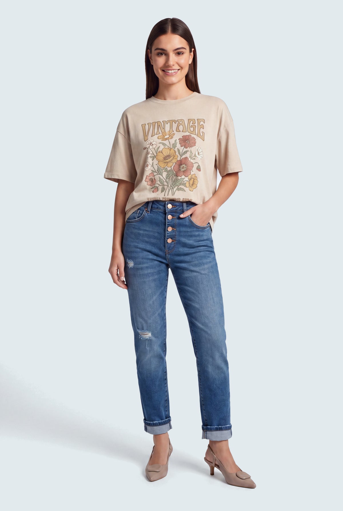 Mid Blue Super High Rise Turn Up Straight Fit Jeans - Hustle N Holla