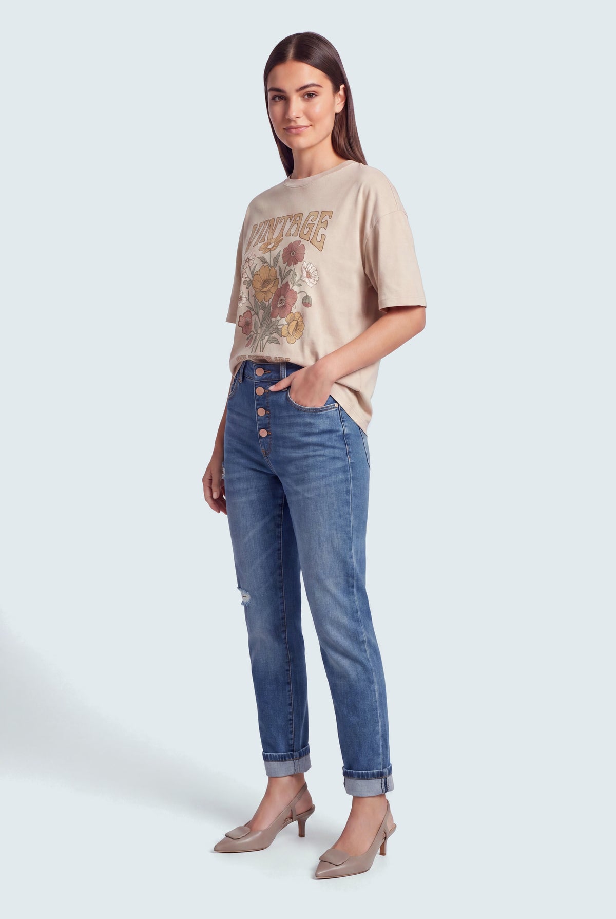 Mid Blue Super High Rise Turn Up Straight Fit Jeans - Hustle N Holla
