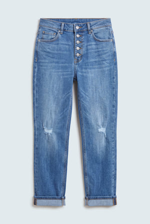 Mid Blue Super High Rise Turn Up Straight Fit Jeans - Hustle N Holla
