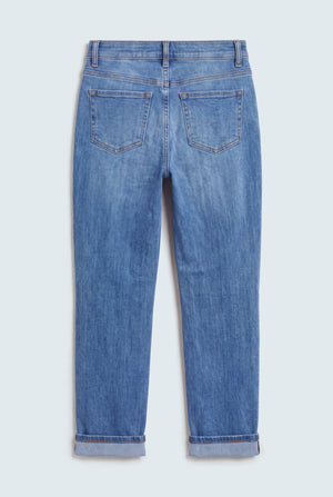 Mid Blue Super High Rise Turn Up Straight Fit Jeans - Hustle N Holla