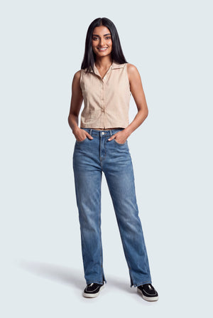 Mid Wash Straight Jeans With Side Vents - Hustle N Holla