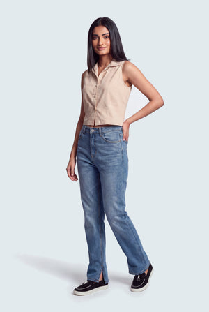Mid Wash Straight Jeans With Side Vents - Hustle N Holla