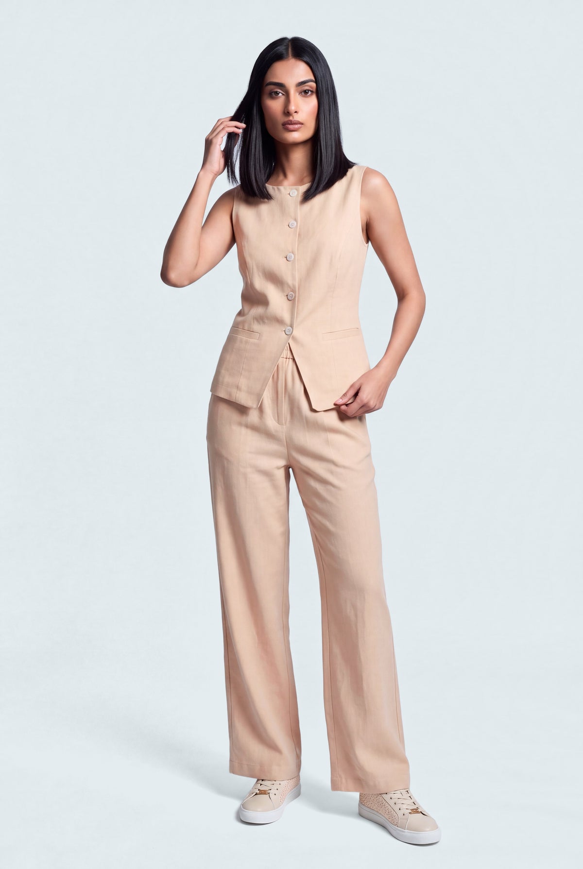 Muted Peach Sleeveless Boat Neck Linen Vest - Hustle N Holla