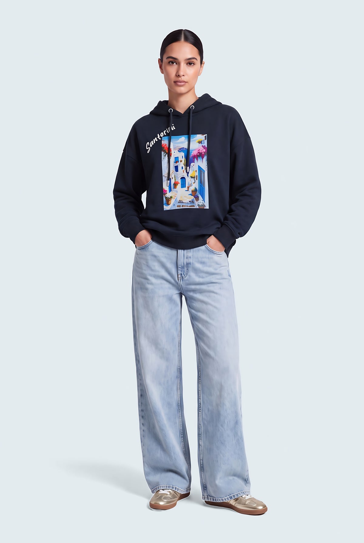 Navy Blue Oversized Graphic Pullover Hoodie - Hustle N Holla