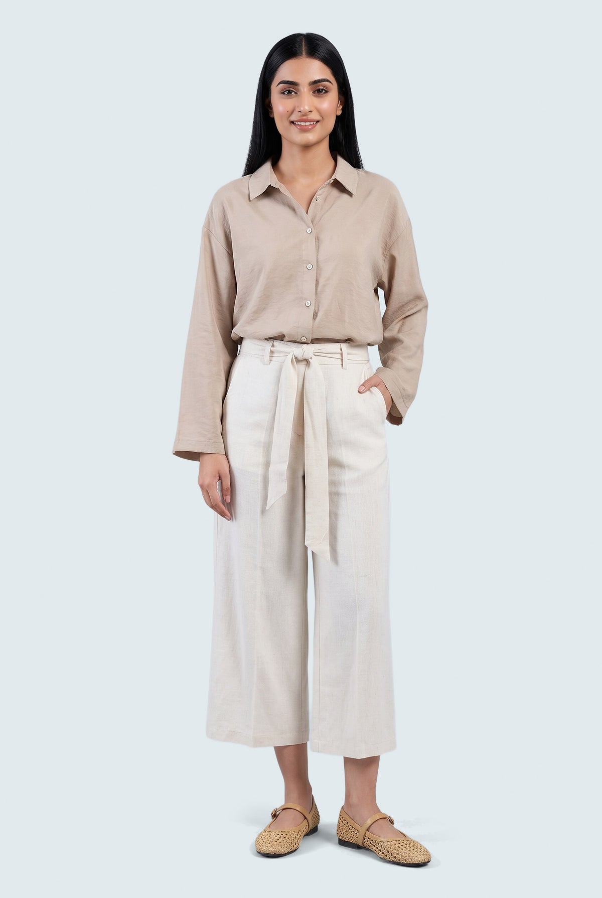 OFF White Linen Cropped Trousers - Front View - Hustle N Holla