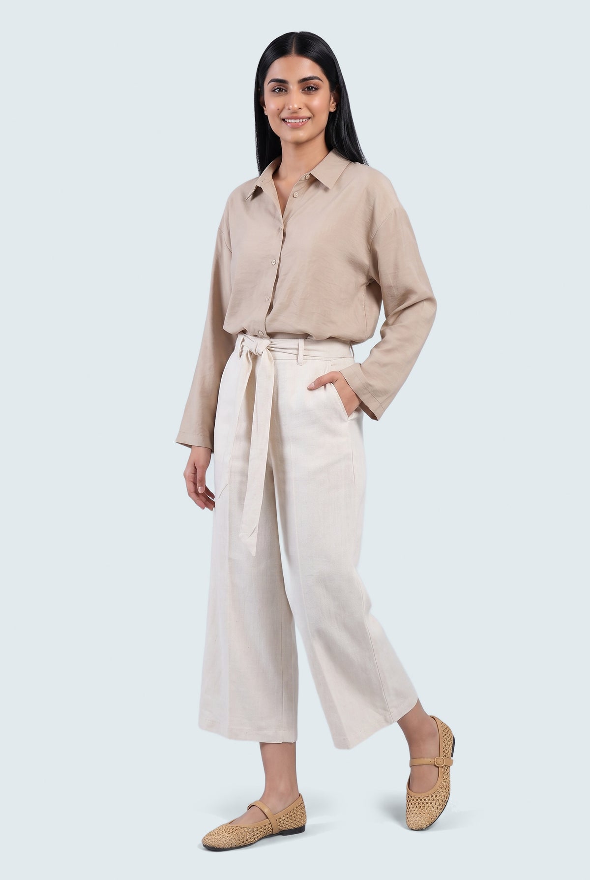 OFF White Linen Cropped Trousers - Front View - Hustle N Holla