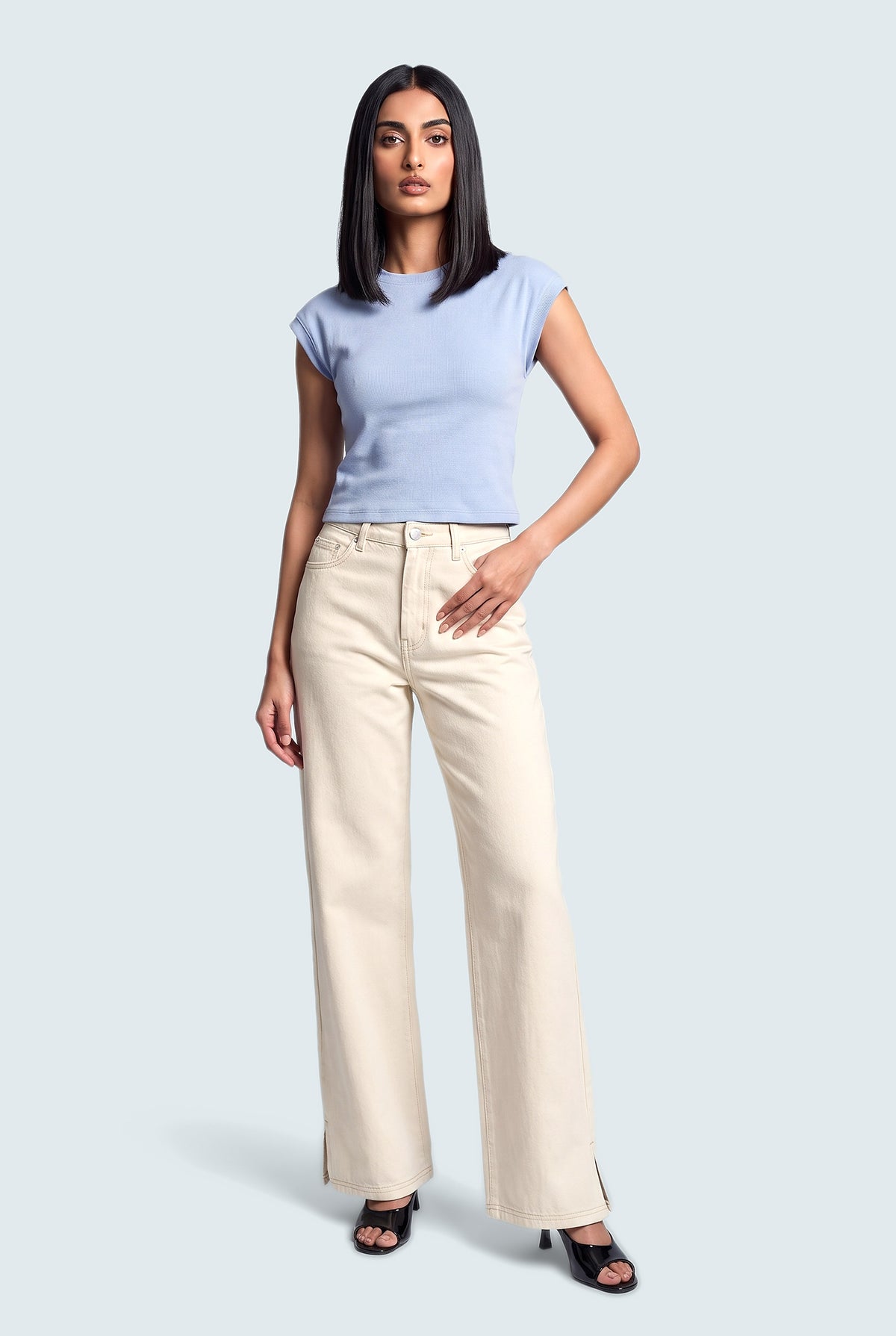 Off White Wide Leg Jeans - Front View - Hustle N Holla