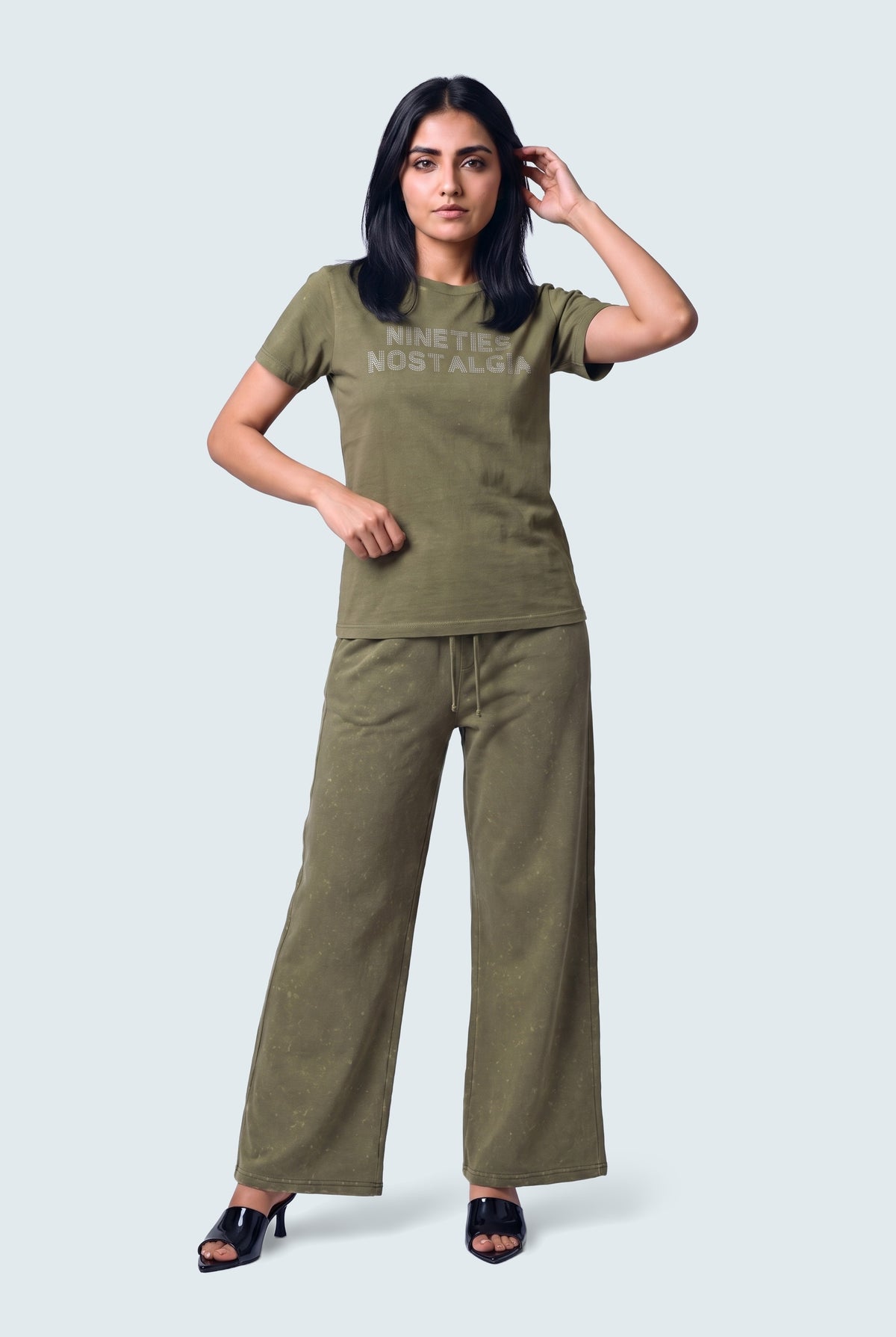 Olive Green Garment Wash Wide Leg Trousers - Front View - Hustle N Holla
