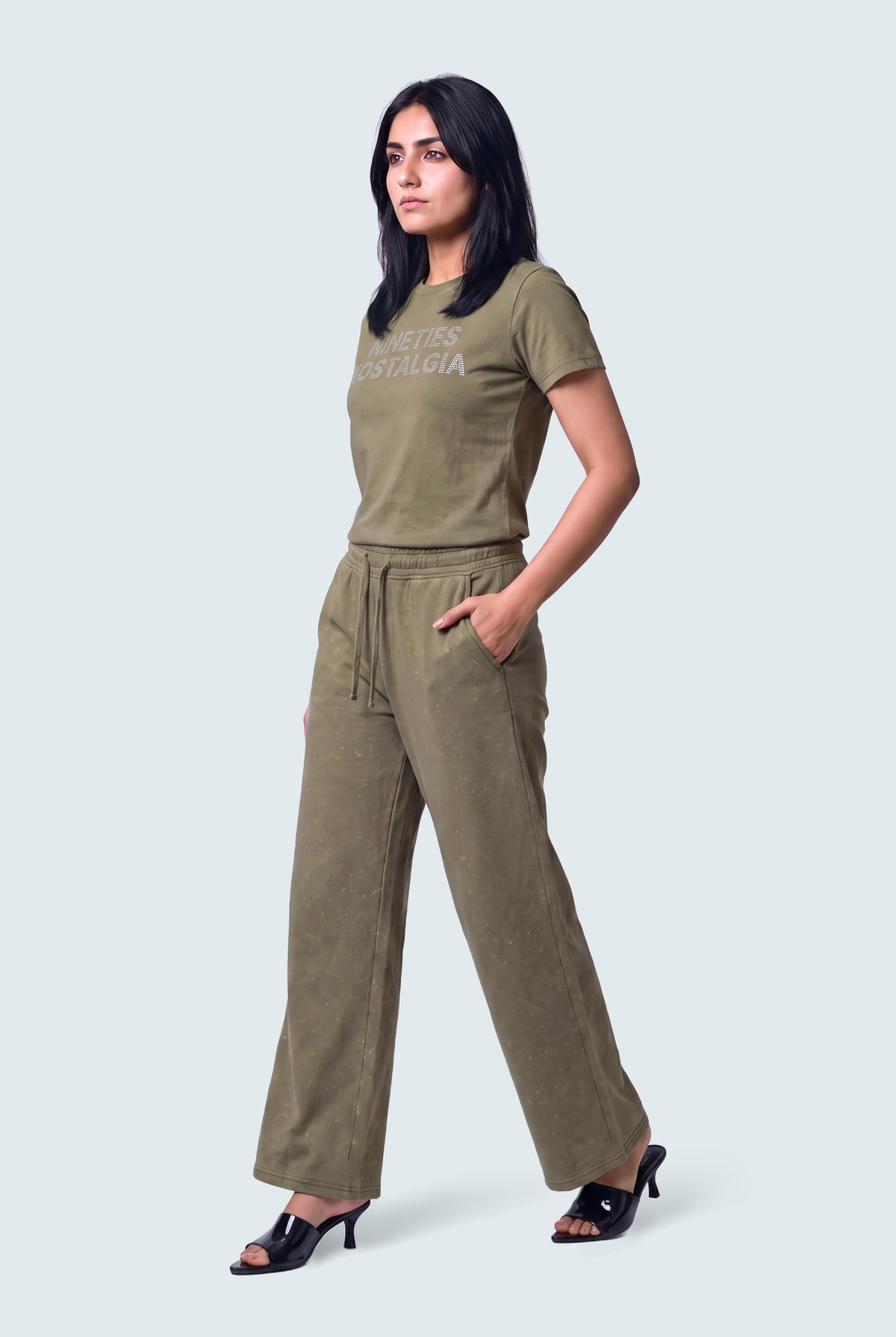 Olive Green Garment Wash Wide Leg Trousers - Front View - Hustle N Holla