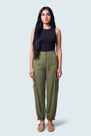 Olive Green Jogger Fit Silk Trousers - Front View - Hustle N Holla