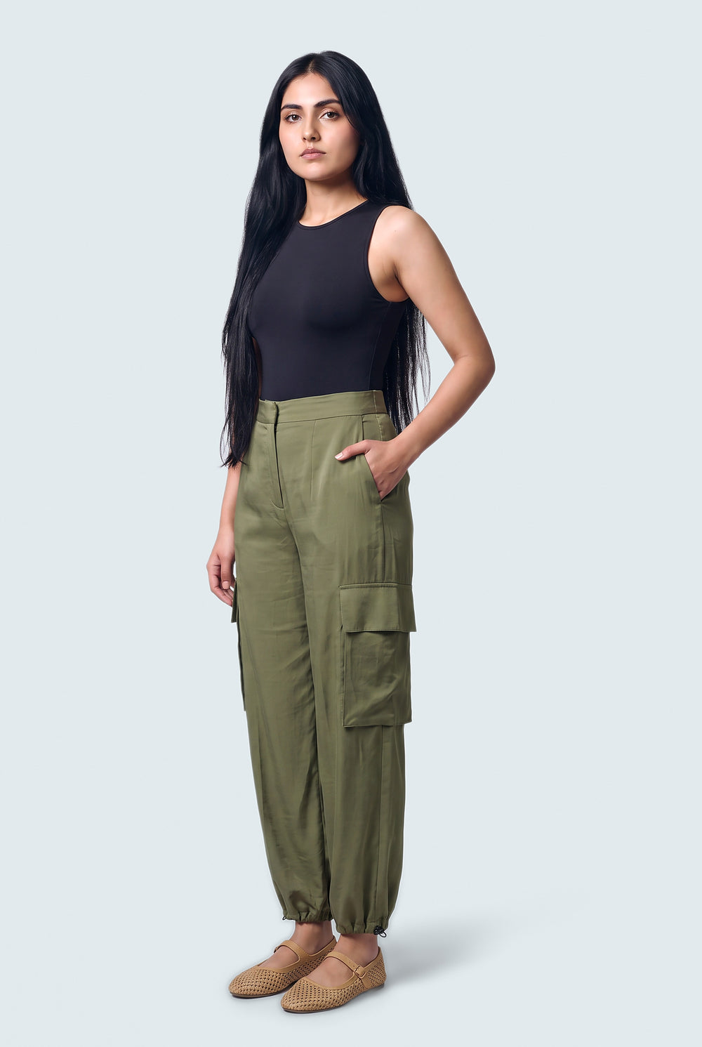 Olive Green Jogger Fit Silk Trousers - Front Side View - Hustle N Holla