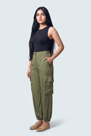 Olive Green Jogger Fit Silk Trousers - Front Side View - Hustle N Holla