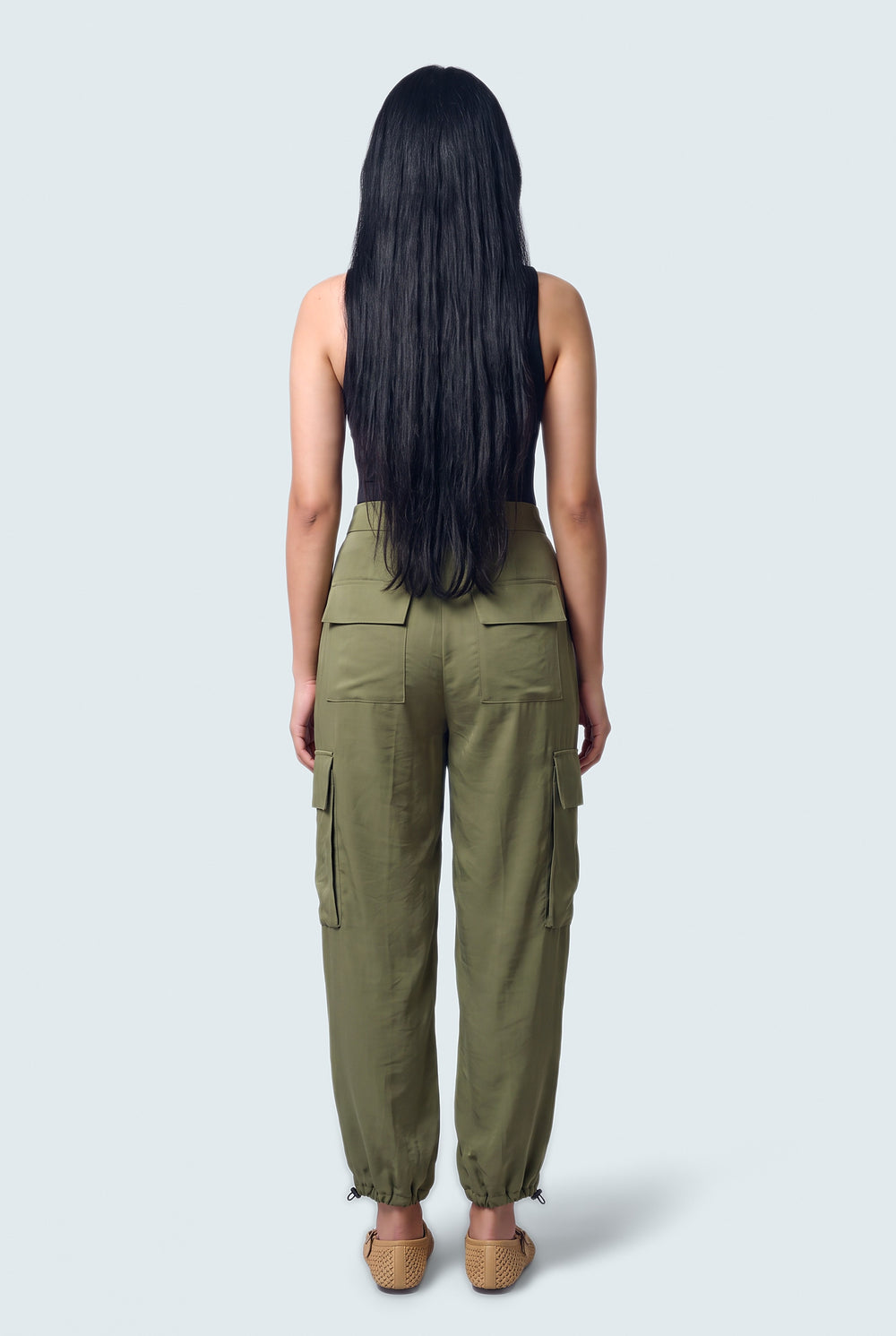 Olive Green Jogger Fit Silk Trousers - Back View - Hustle N Holla