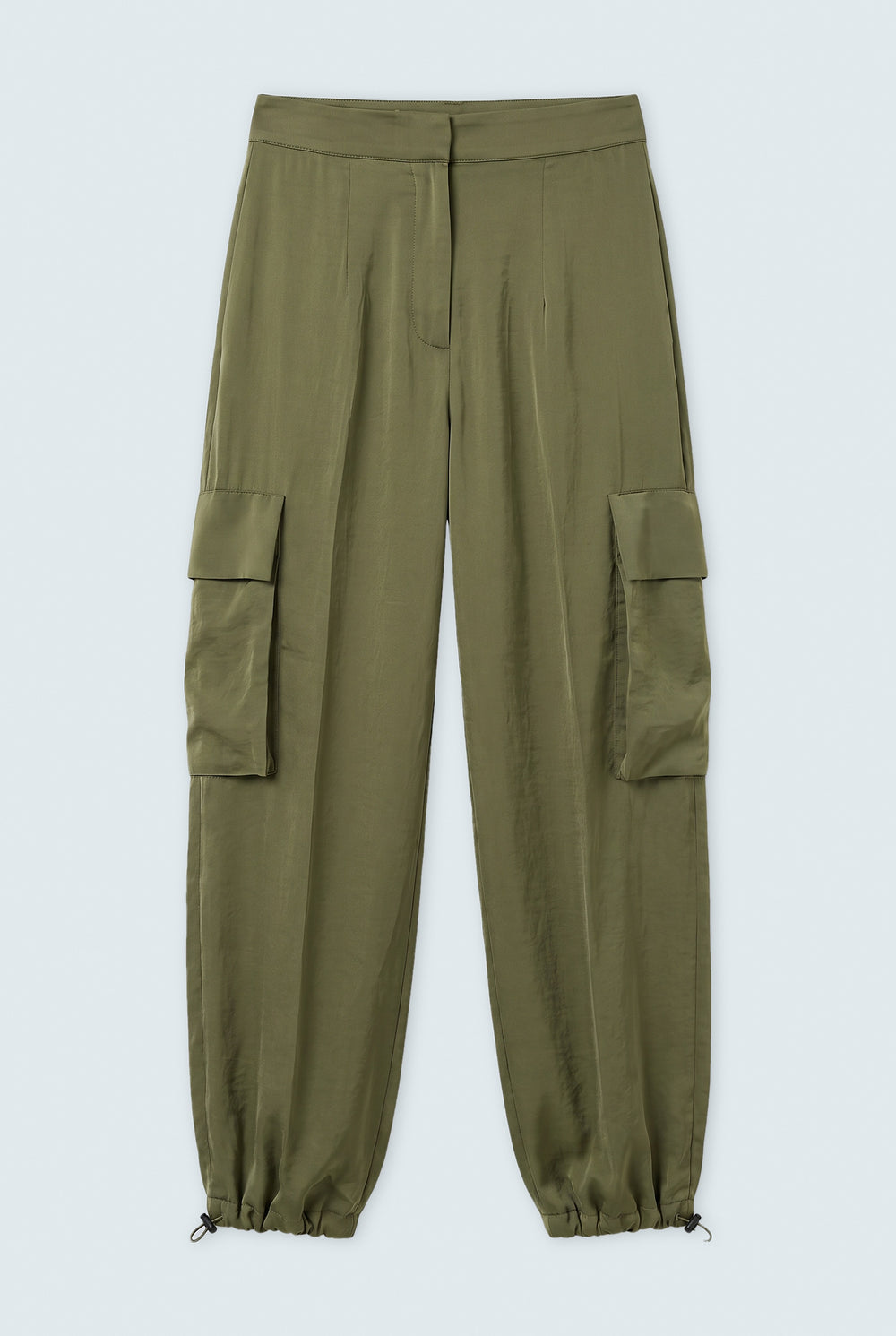 Olive Green Jogger Fit Silk Trousers - Front Flat Lay - Hustle N Holla