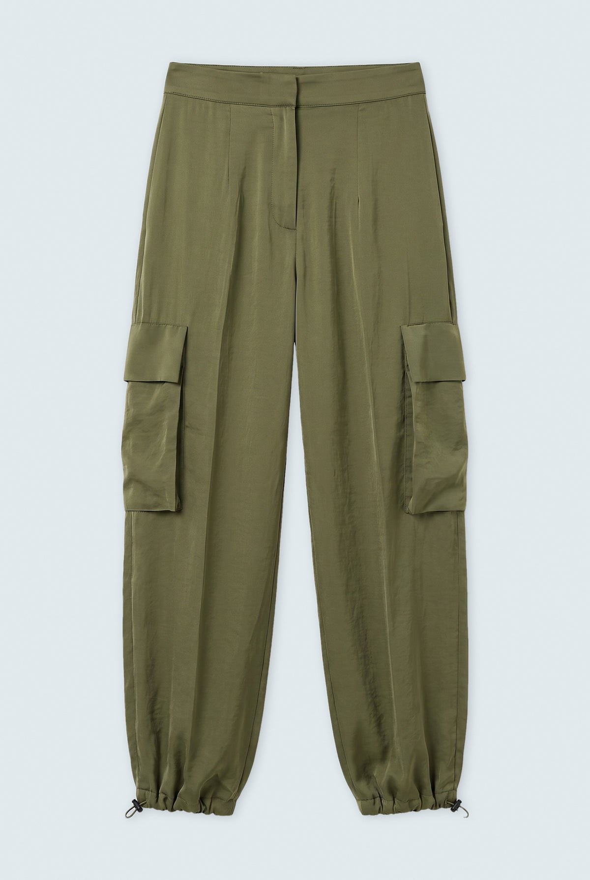 Olive Green Jogger Fit Silk Trousers - Front Flat Lay - Hustle N Holla