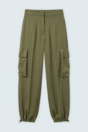 Olive Green Jogger Fit Silk Trousers - Front Flat Lay - Hustle N Holla