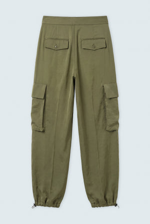 Olive Green Jogger Fit Silk Trousers - Back Flat Lay - Hustle N Holla