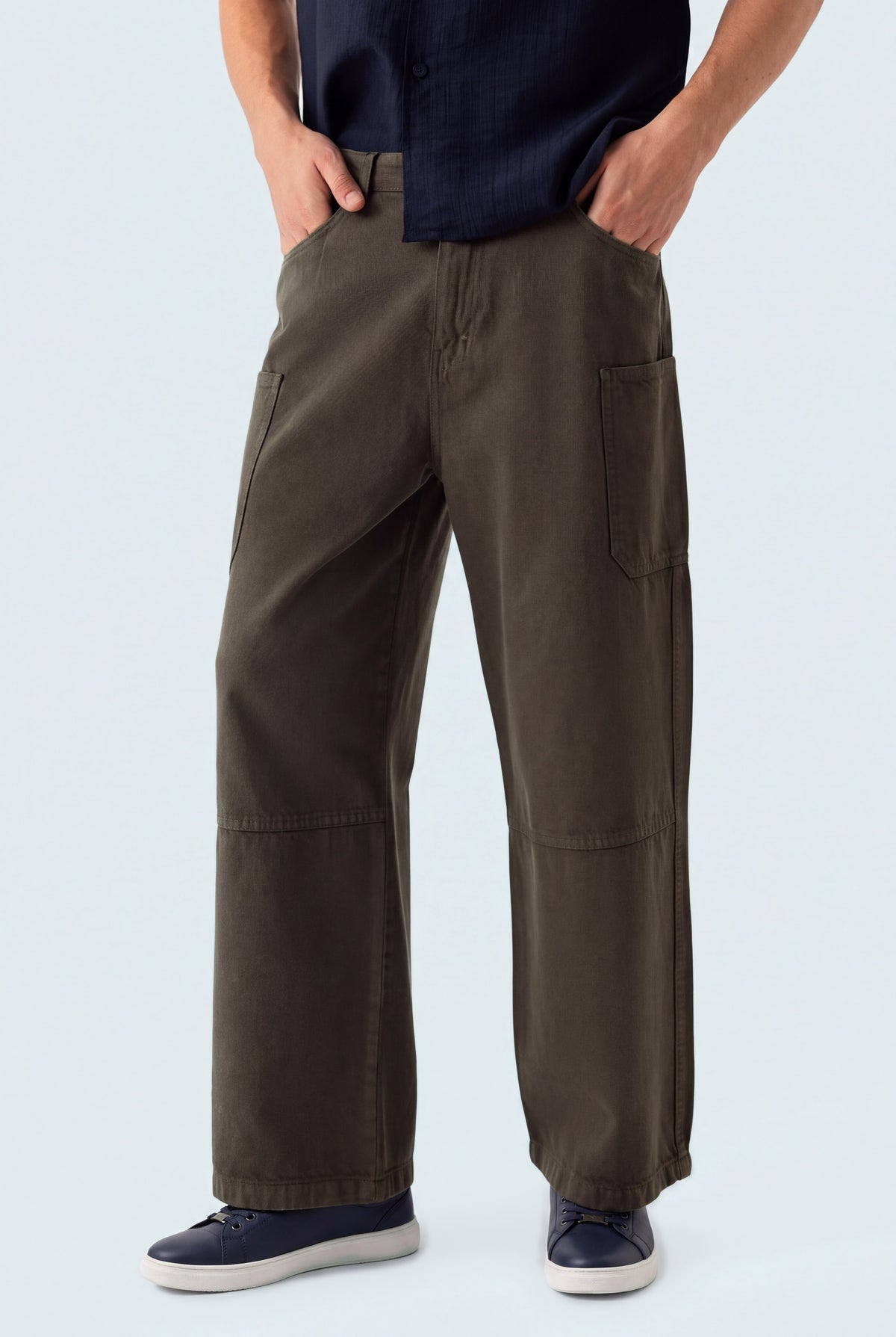 Olive Straight Fit Twill Trousers - Front View - Hustle N Holla
