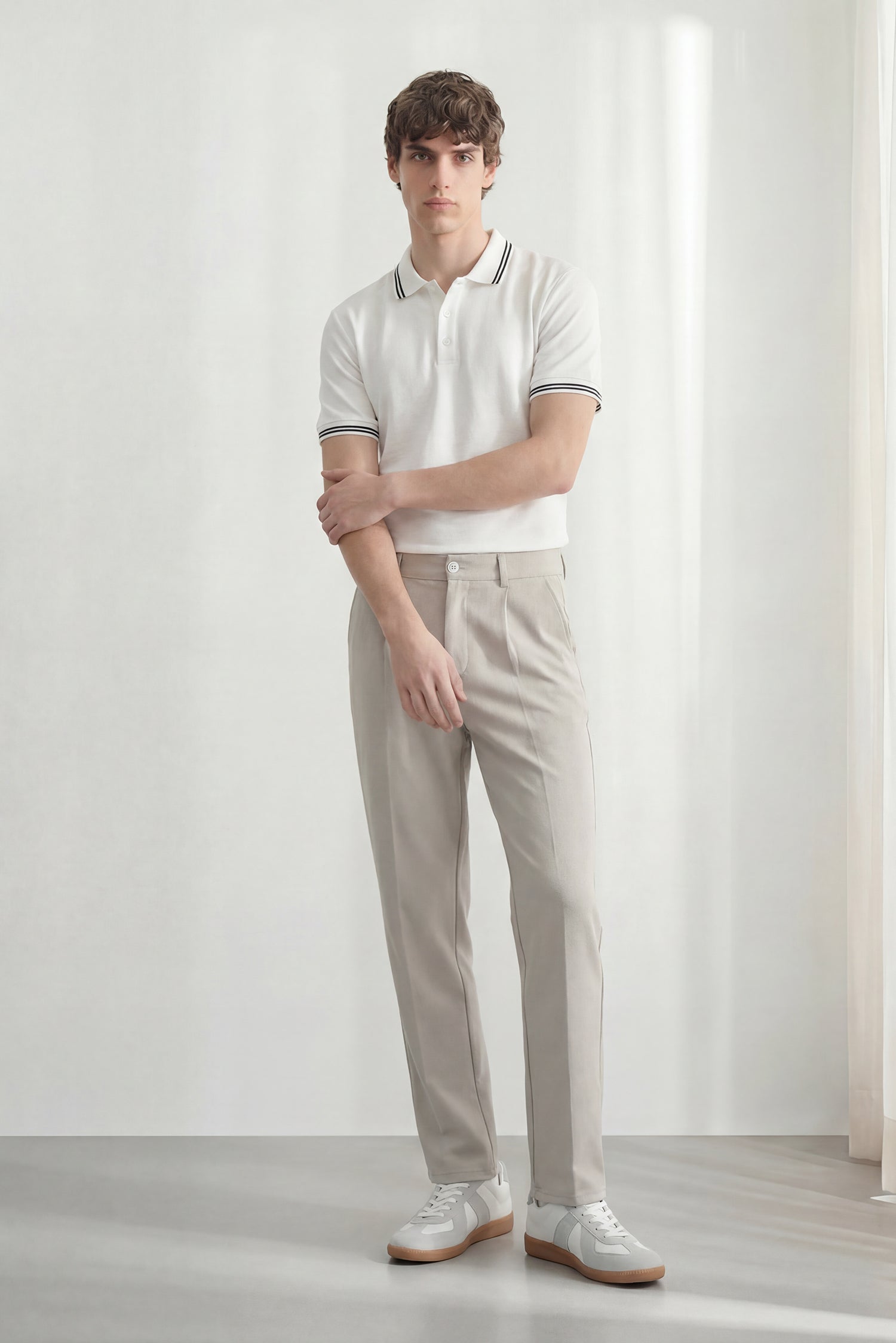 Beige Straight Fit Pleated Trousers