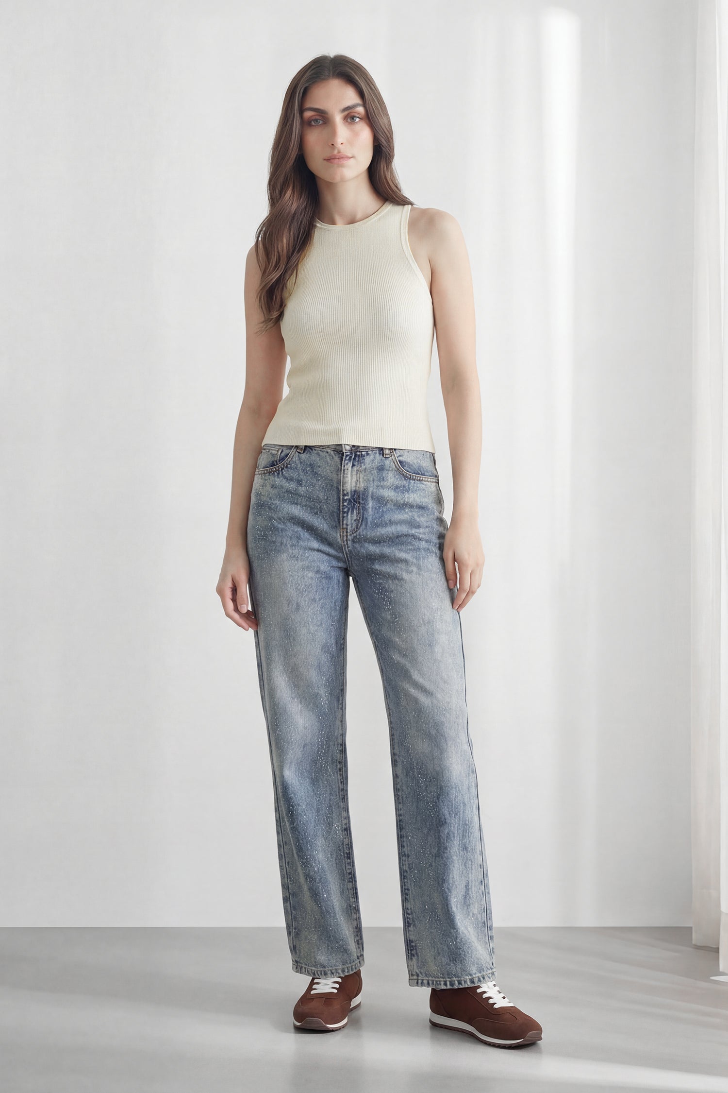 Off White Slim Fit Racer Neck Rib Top