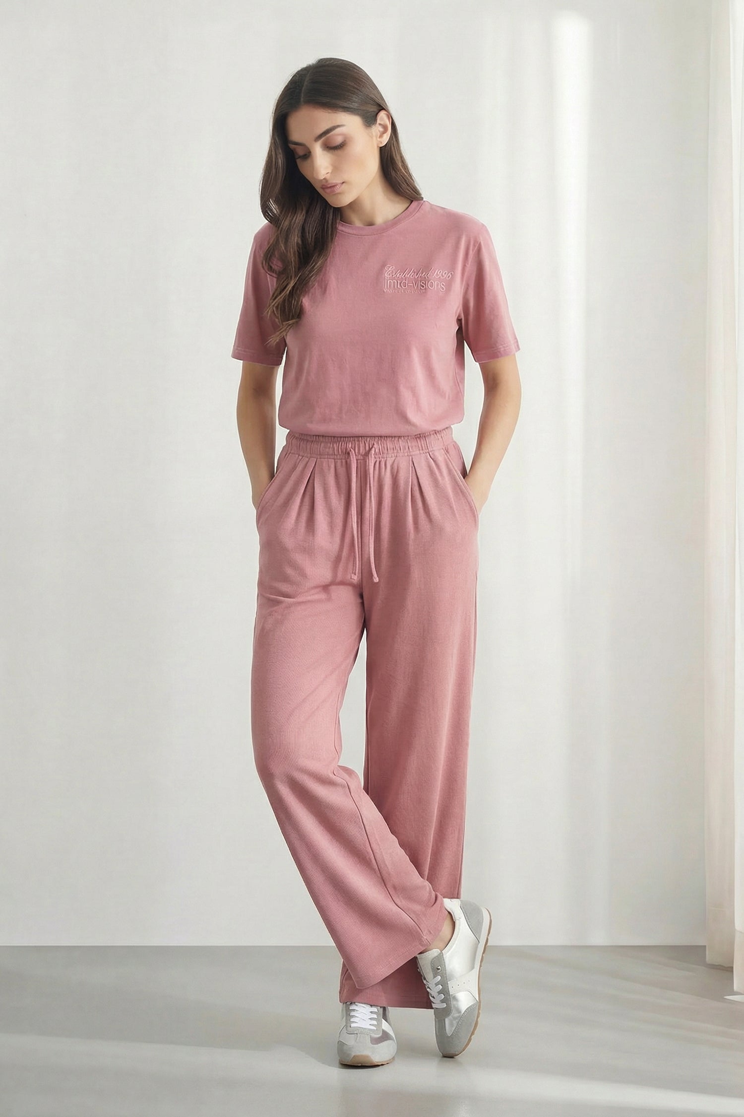 Peach Wide Leg Pleated Trousers