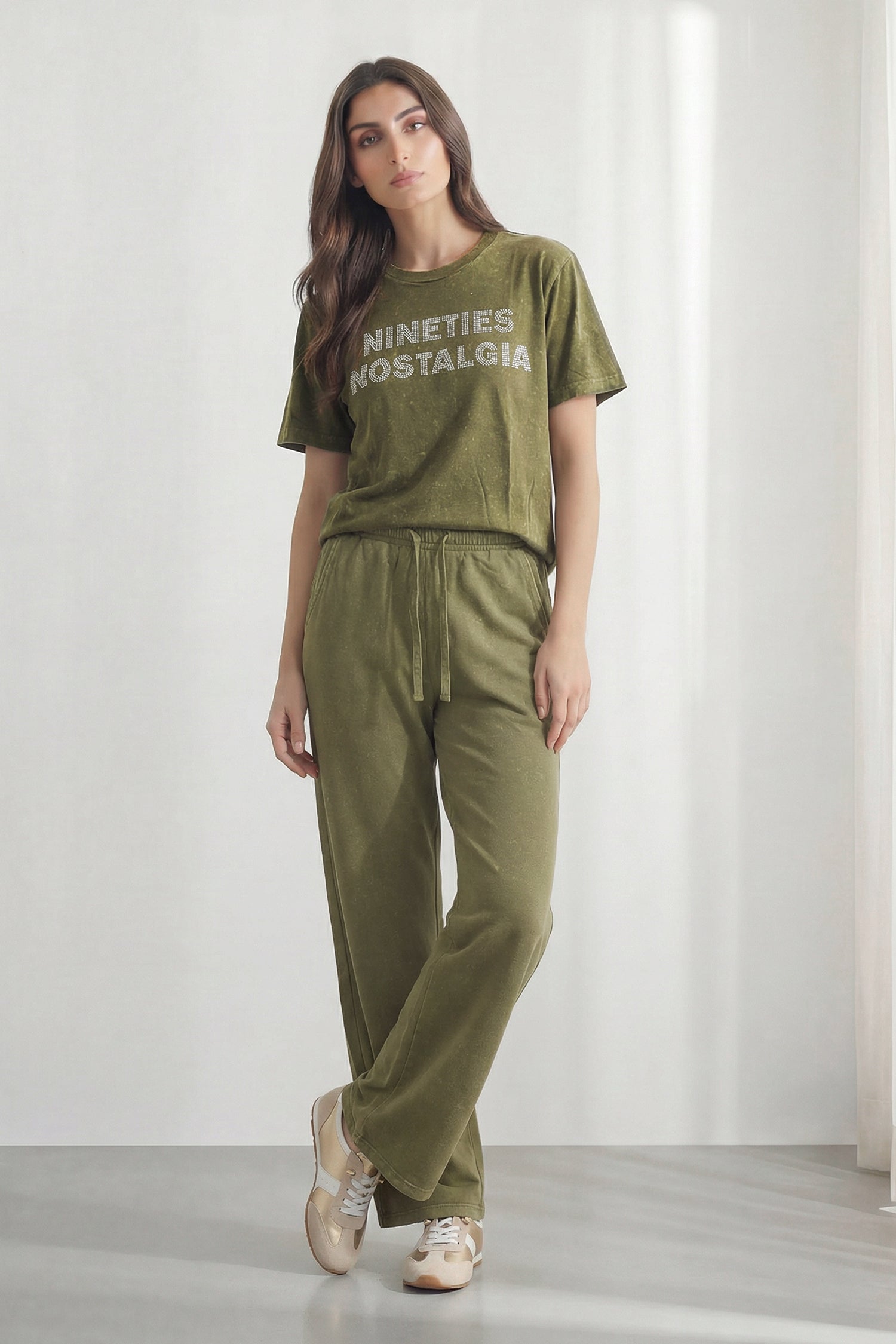 Olive Green Garment Wash Wide Leg Trousers - Hustle N Holla