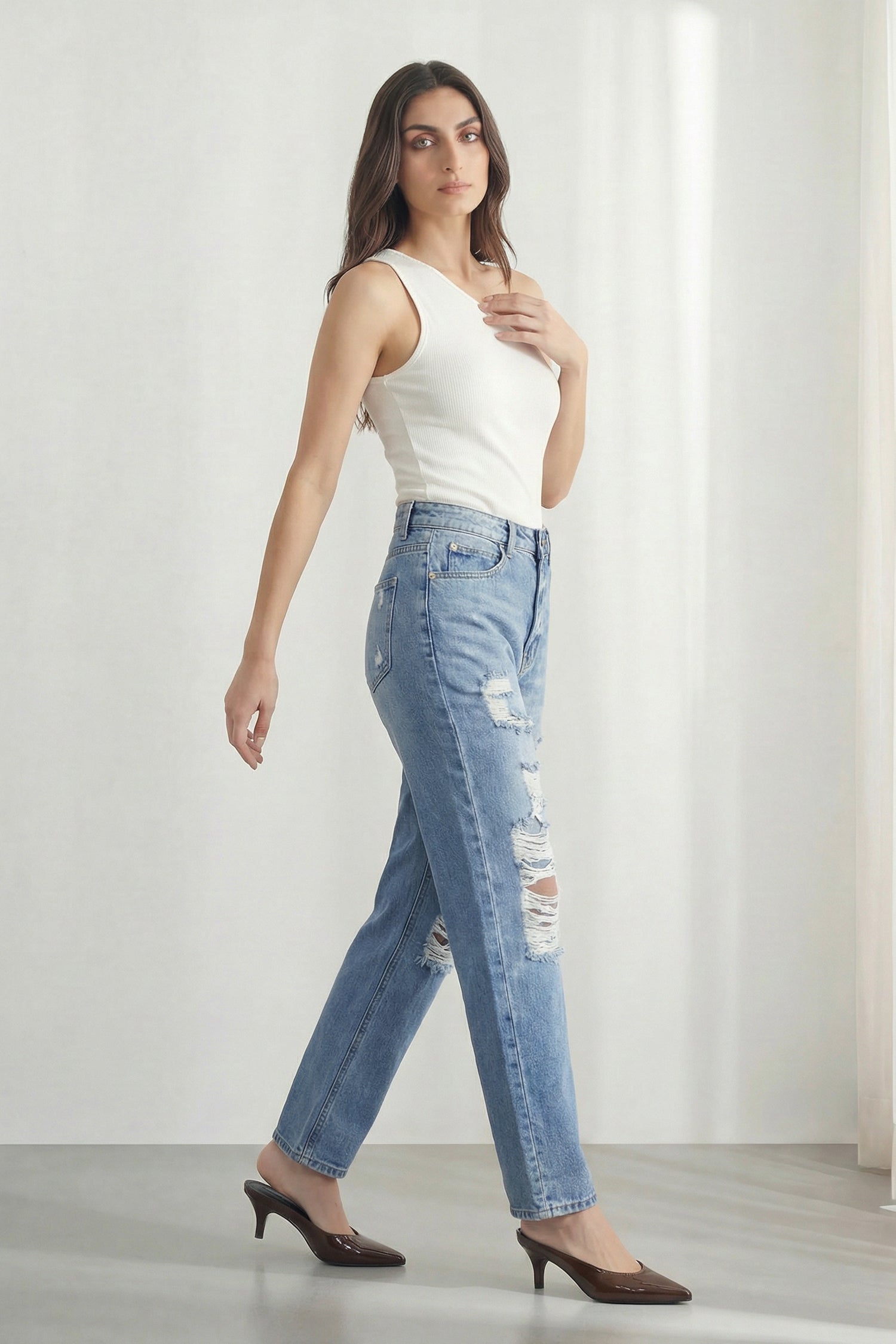 Off White Slim Fit Assymetric Rib Top - Hustle N Holla