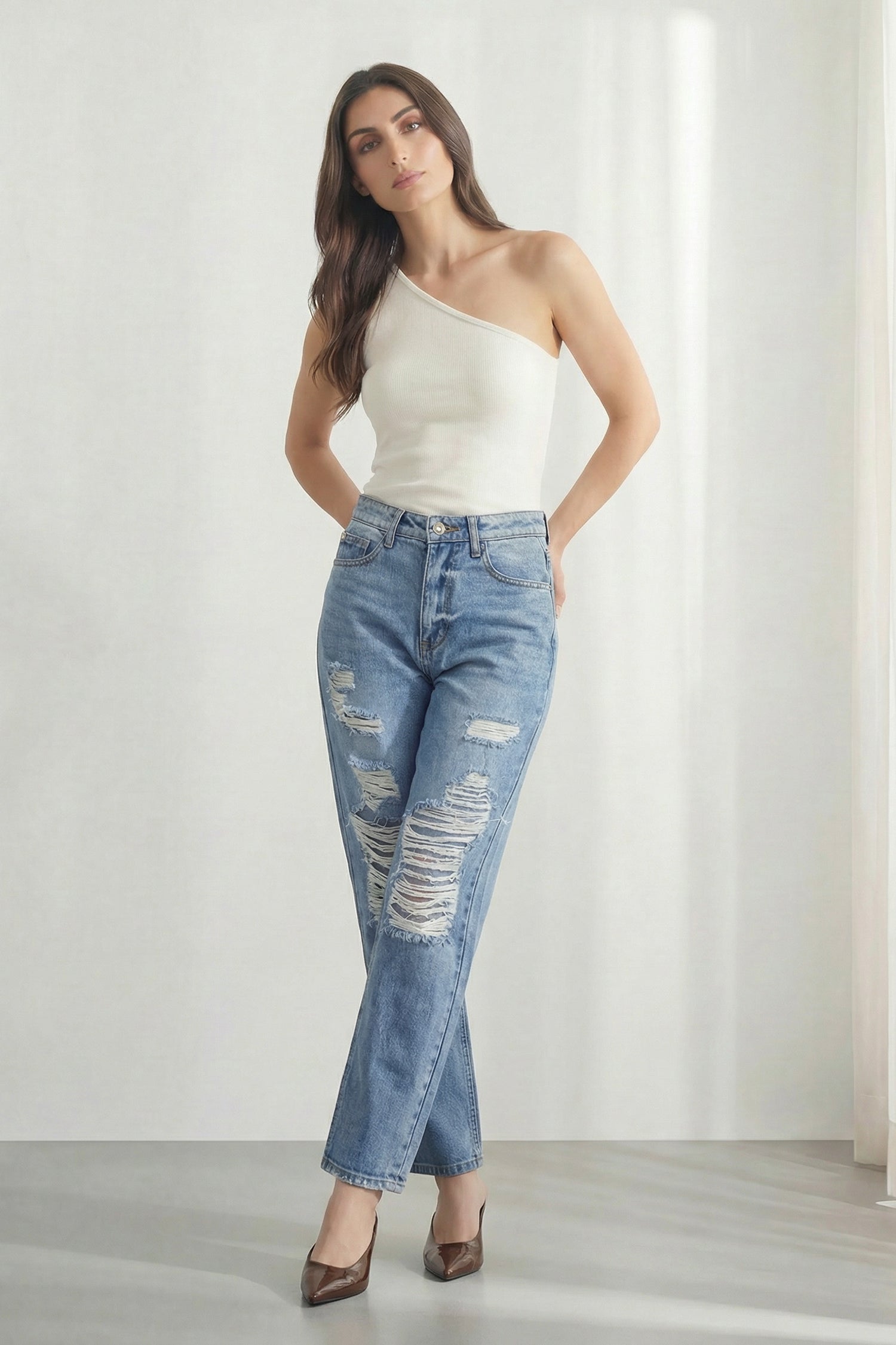 Off White Slim Fit Assymetric Rib Top - Hustle N Holla