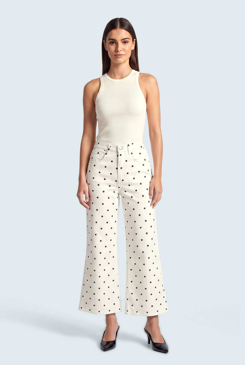 Polka Dot Mid Rise Wide Leg Jeans - Front View - Hustle N Holla