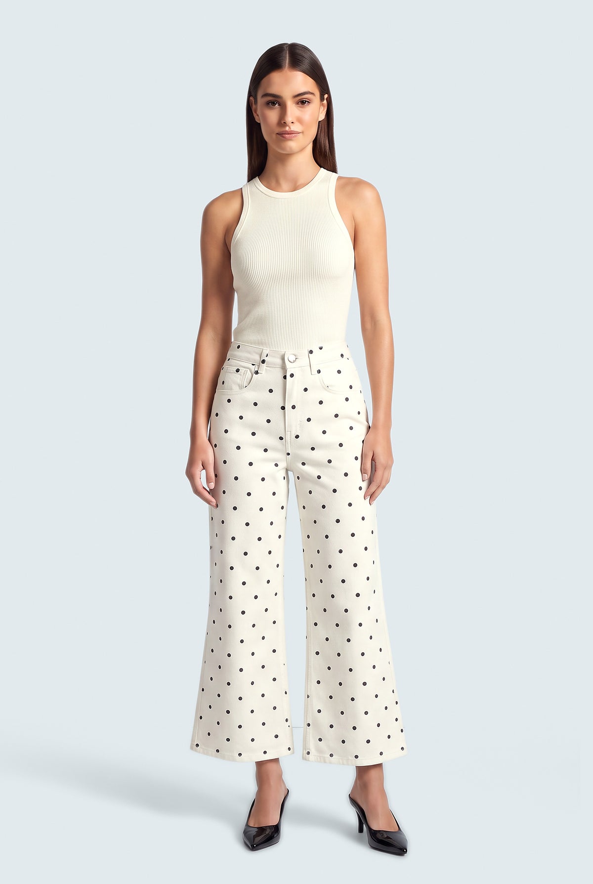 Polka Dot Mid Rise Wide Leg Jeans - Front View - Hustle N Holla
