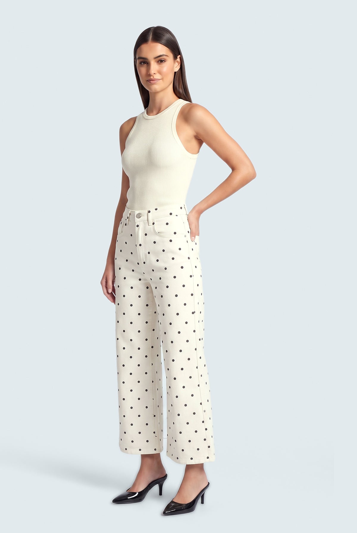 Polka Dot Mid Rise Wide Leg Jeans - Front View - Hustle N Holla