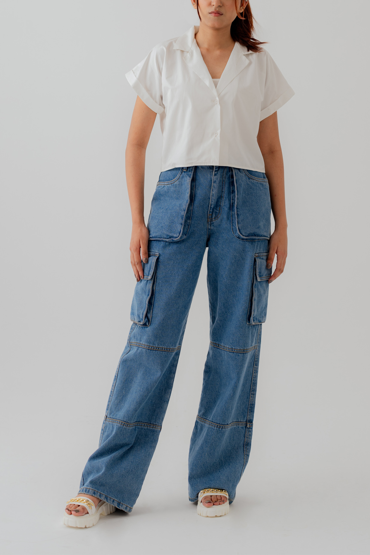 Mid Blue Denim Wide leg Cargo Pockets Jeans