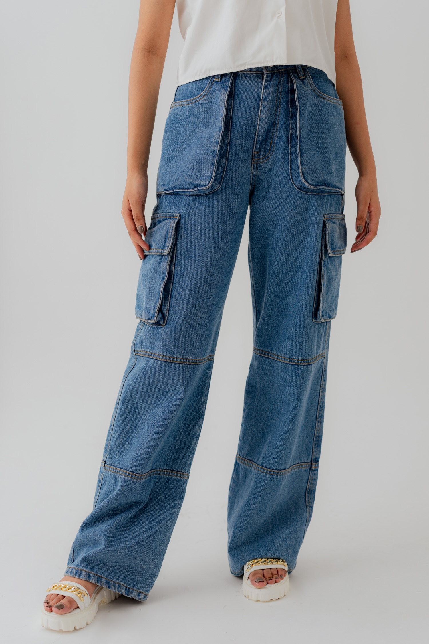 Mid Blue Denim Wide leg Cargo Pockets Jeans - Hustle N Holla