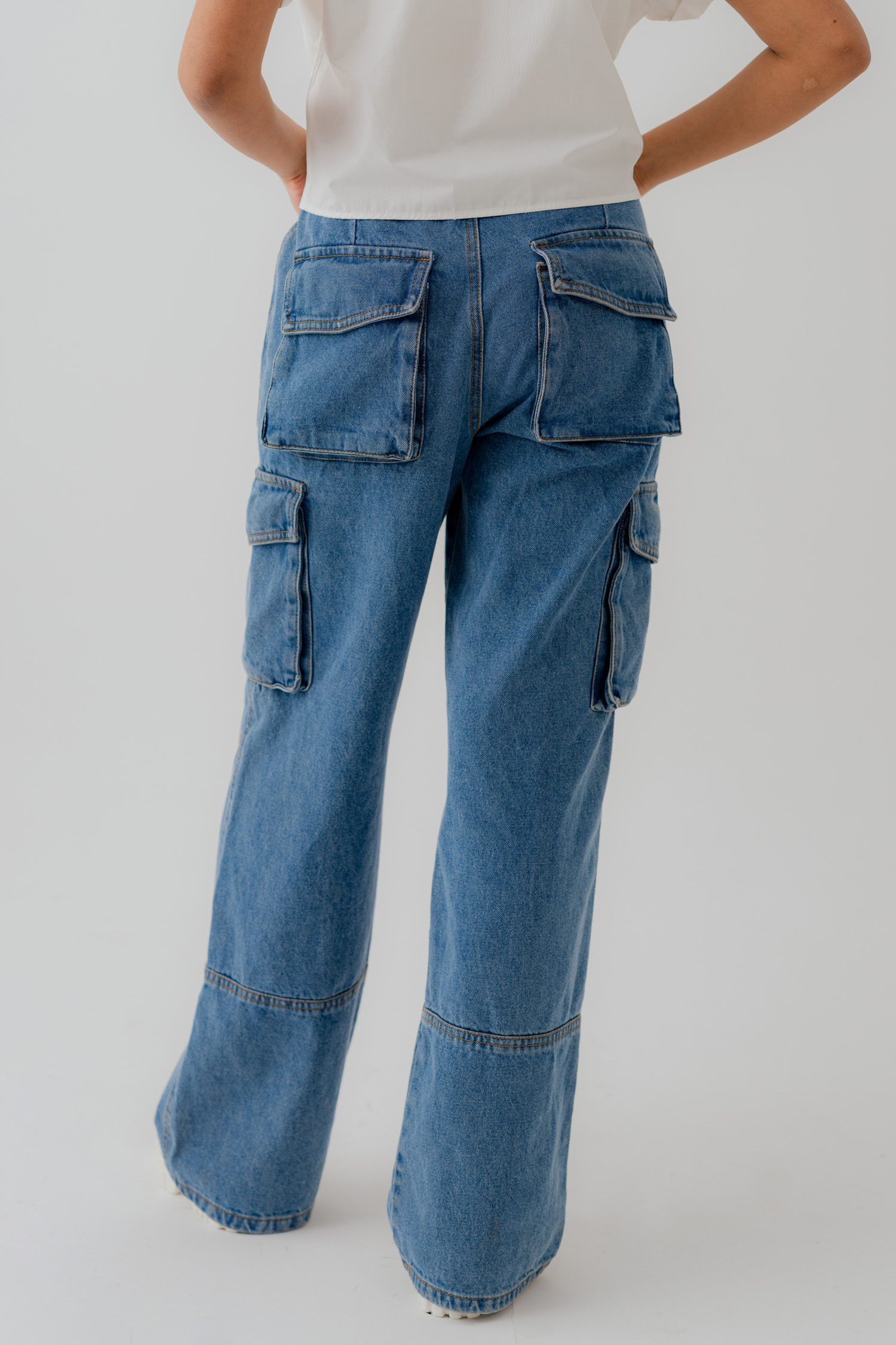 Mid Blue Denim Wide leg Cargo Pockets Jeans - Hustle N Holla