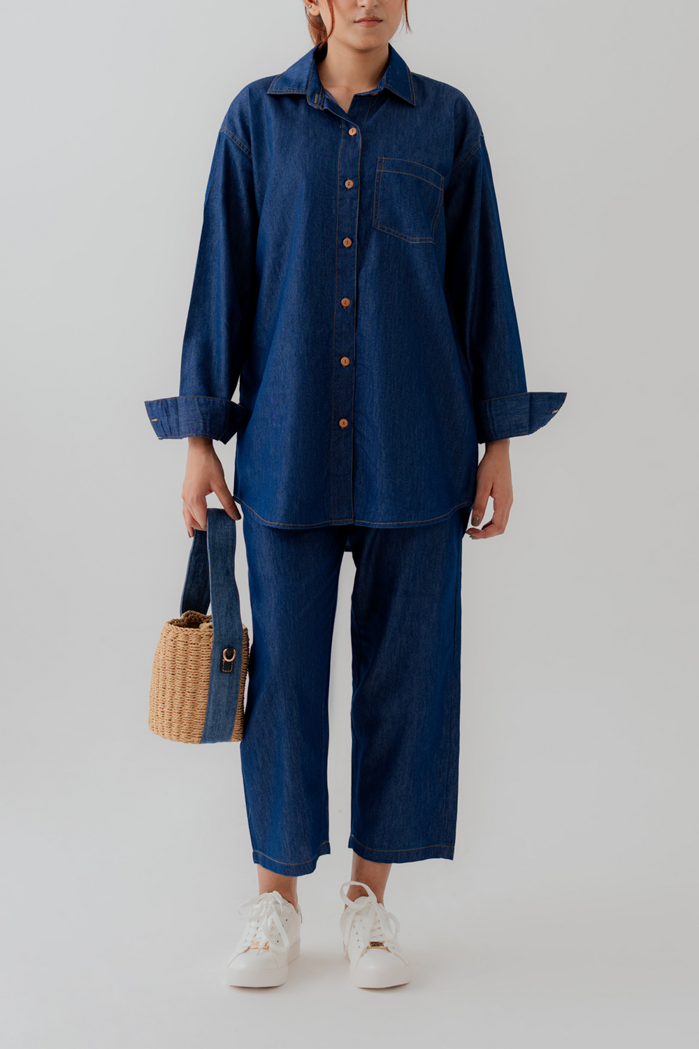 Dark Wash Chambray Straight Leg Cropped Trousers - Hustle N Holla