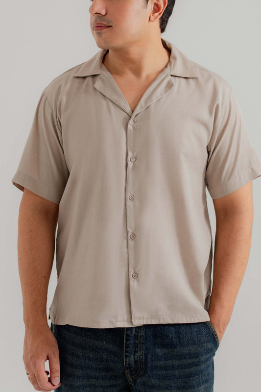 Sand Cuban Collar Relaxed Fit Shirt - Hustle N Holla