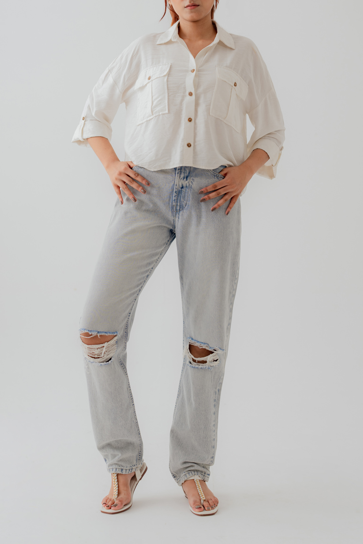 White Cotton Relaxed Fit Crop Button Down Shirt - Hustle N Holla